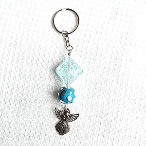 Guardian Silver Angel Crystal Blue Beaded Keychain, Keyring, Handmade
